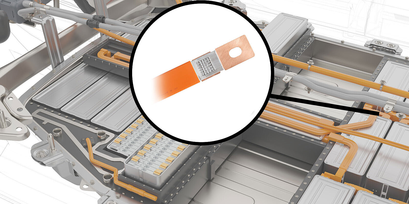 A busbar in the foreground of a cable harness
